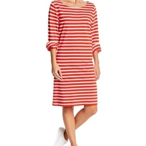 J. Crew Striped T Shirt Dress 3/4 Sleeve Shift Red‎ & White Knit Womens Size XS - Picture 1 of 10